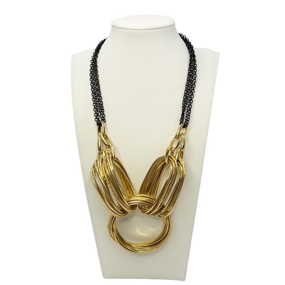 Sofia‎ Gold Tone Chunky Statement Necklace Black Multi Strand Chain Bib Chic Y2K